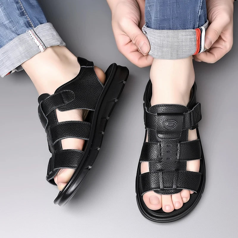 Brand Men's Fashionable Top Layer Cowhide Roman Beach Sandals Summer Breathable Soft Sole Non Slip Outdoor Quick Drying Sandals