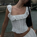 Suninheart Summer White Corset Top Elegant 2025 New Arrivals Short Backless Lace Up Tops Cotton Jacquard Bodycon Tops Women