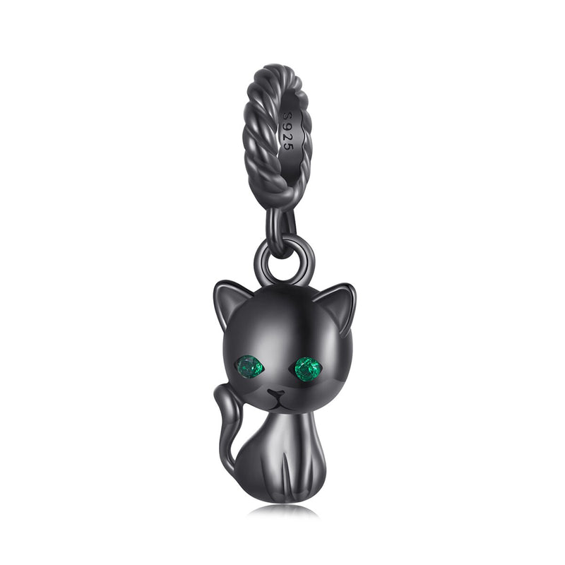 WOSTU 2021 925 Sterling Silver Cute Black Cat Suspend Animals Charm Beads Fit Original Bracelet DIY Jewelry CTC520