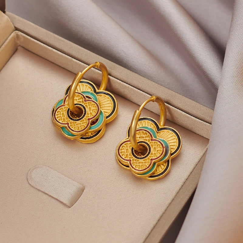 Ethnic Chinese Colorful Enamel Earrings for Women Retro Design Gold Plated Flower Shaped Multiple Wear Ways Luxury Jewelry Gifts