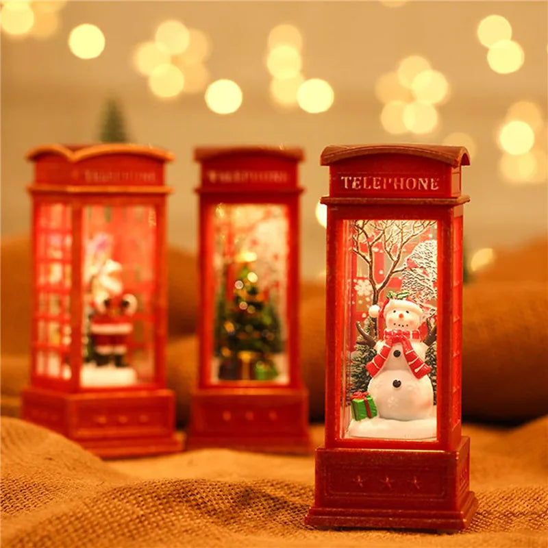 1Pc Christmas Light-Up Maroon Phone Booth With Santa Decorative Christmas Themed Snow Globe Light For ChristmasDecorative