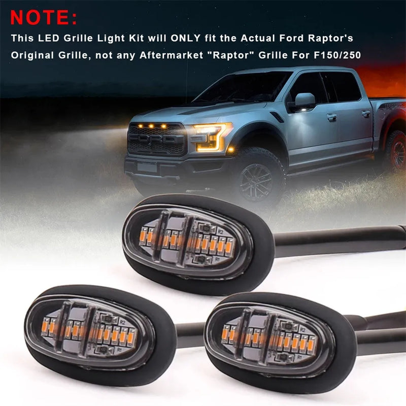 3pcs Front Grille Light Raptor Style Smoked Lens Amber LED Light 12V 0.6A 6W For Ford F150 LED Grill Light