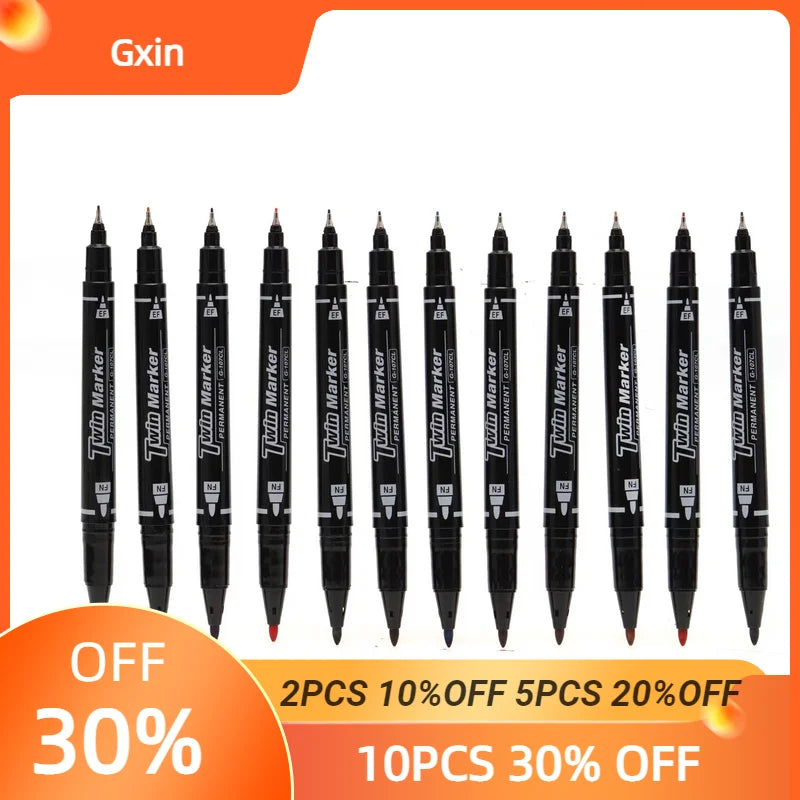 Gxin G-107 12PCS Colored Permanent Marker. Art Pens.Dual Tip.Waterproof.Practical Pen.Perfect For Industry School And Home.Color