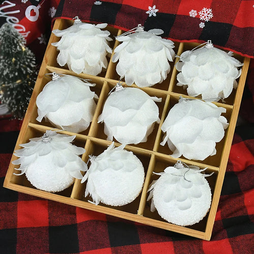 3 Stück/Box Christbaumschmuck Weiß Glitzer Blütenform Kugeln Schaumstoff Schneeball Weihnachtsanhänger Neujahr Zuhause Hängedekoration