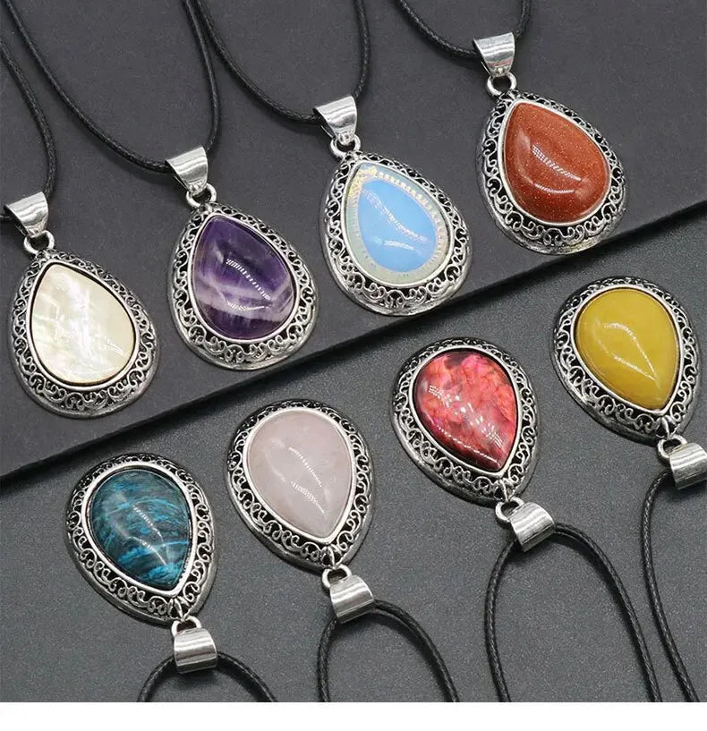 2pcs/Set 39x27mm Natural Stone Crystal Water Drops Pendant Alloy Electroplate Tiger Eye Amethyst Quartz Abalone Bebey Necklace