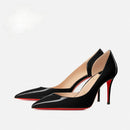 New red toe exposed seam, side empty shallow mouth, sexy professional black patent leather pointed heel high-heeled shoes 33-46