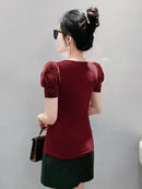 Women's Chic Youthful Square Neck Puff Sleeve T-Shirt Shimmery Floral Summer Blouse  Slim Fit Trendy Top