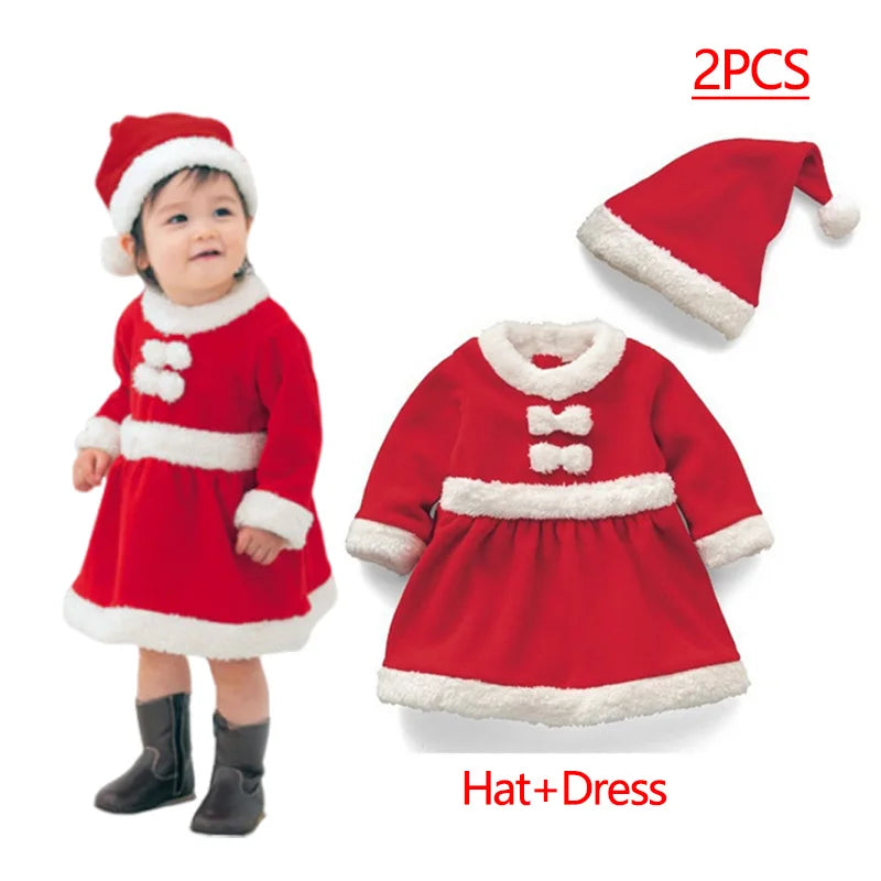 2025 New Christmas Costume For Kids Santa Claus Toddler Baby Red Xmas Clothes Party Red Dress Set Hat Included Christmas Dress