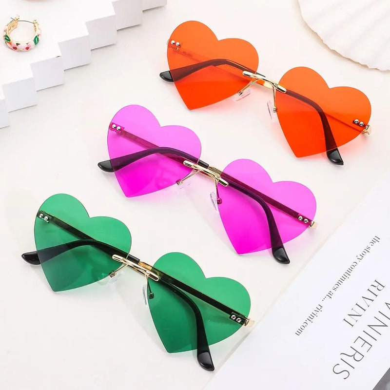 Trendy Party Cosplay Costume Metal Sun Glasses Rimless Heart Sunglasses Heart-Shaped Pink Hippie Sunglasses