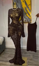 CM.YAYA 2025 Fall Women Long Sleeve Stacked Mesh See Though with Lining Bodycon Long Dress Evening Birthday Sexy Party Dresses