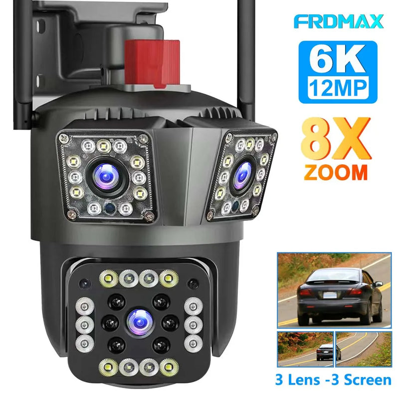 12MP 6K WiFi Security Camera 8X Zoom Three Lens Surveillance Camera Auto Tracking 8MP IP Camera Smart Home Wireless CCTV Camera