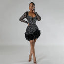 2024 Neues Damen Mesh Ärmel Bodycon Sexy Diamanten Geburtstagsparty Kleid Gestufte Rüschen Strass Perlen Nachtclub Kleid Pink