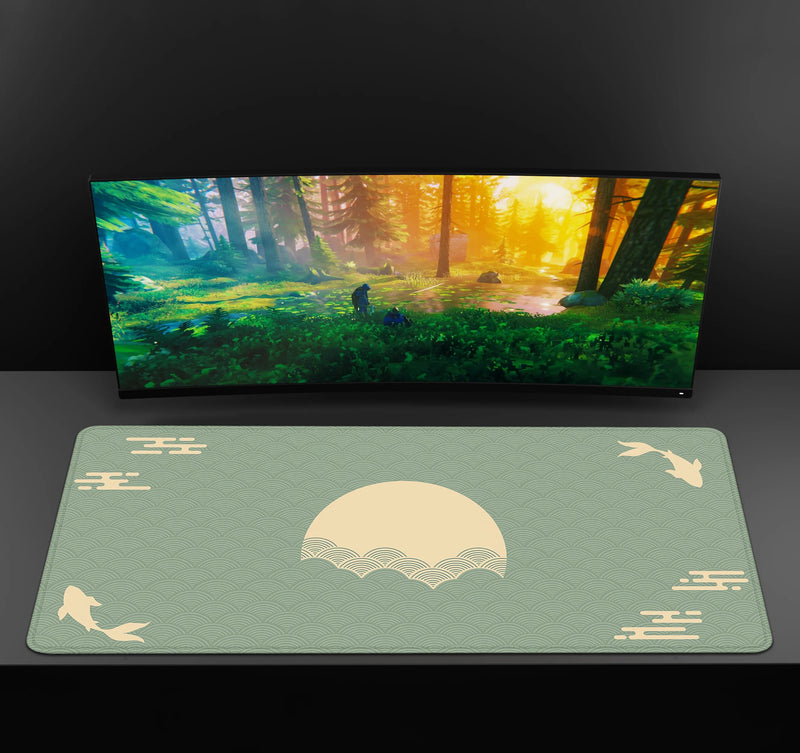 Japanese Desk Mat Black & Red Mouse Pad Koi Fish Sun Cloud Japan Art Seal Sunrise Large XXL Gaming Deskmat Rubber Mousepad 90x40