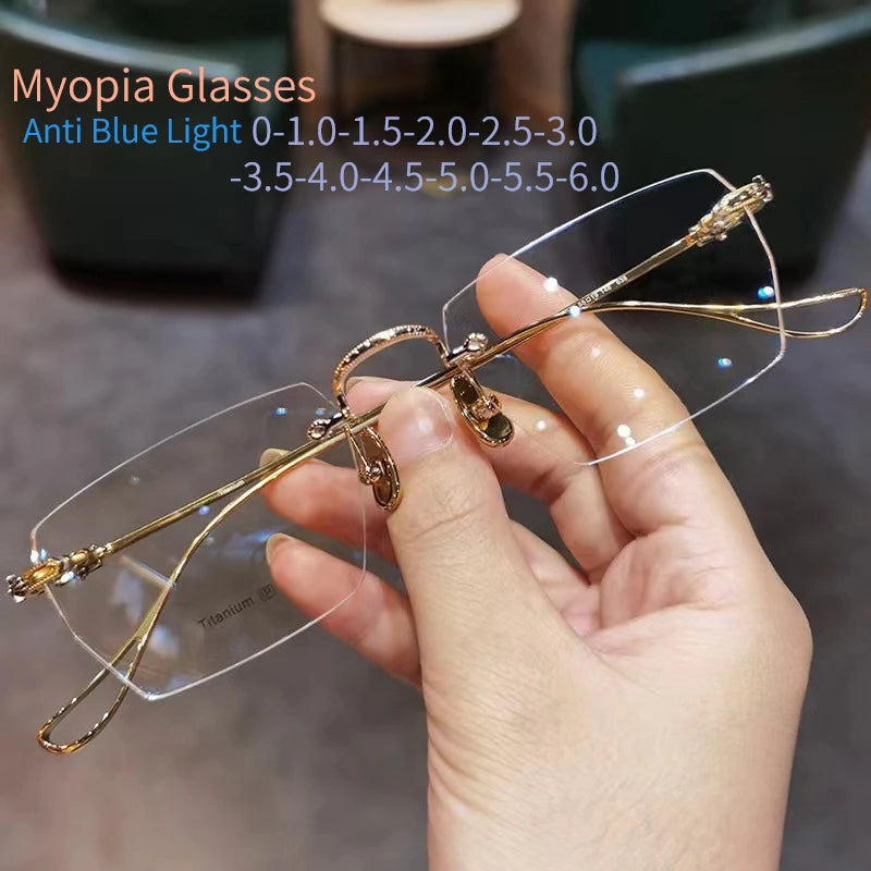 Anti Blue Light Rimless Myopia Glasses Women Men Luxury Metal Ultralight  Eyeglasses Frameless Eyeglasses -1.0...To -6.0