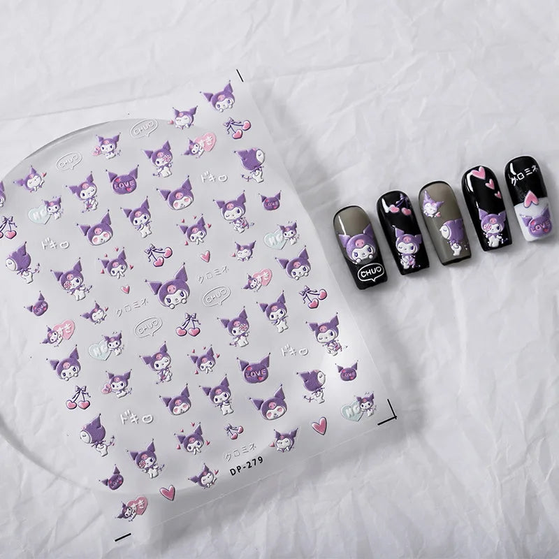 1PCS 5D Cartoon Kuromi Hello Kitty Nail Stickers Sanrio Animation Nail Art Decoration Sanrio Cute Melody Embossed Stickers