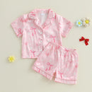 Girls Cute Floral Print Pajama Set with V-Neck Button Down Top and Matching Shorts for Summer Loungewear - 2 Piece Set