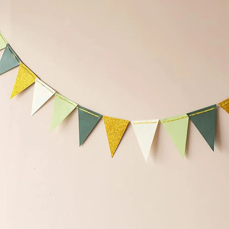 16pcs Gold And Green Triangular Flags, Baby Bride Gift Party, Birthday Party Decoration, Wedding Party Banner