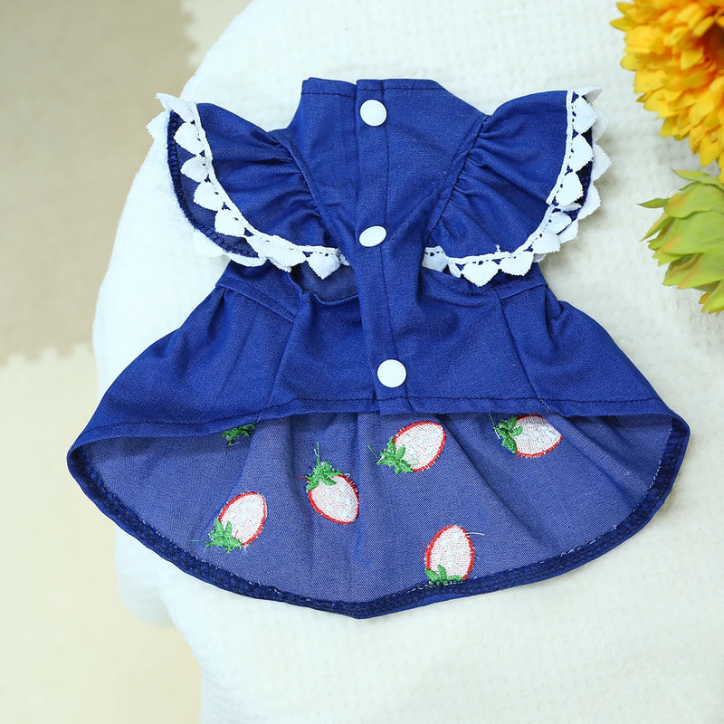 1PC Pet Clothing Cat Dog Spring and Autumn Thin Blue Denim Strawberry Princess Dress With Drawstring Buckle For Small Medium Dog