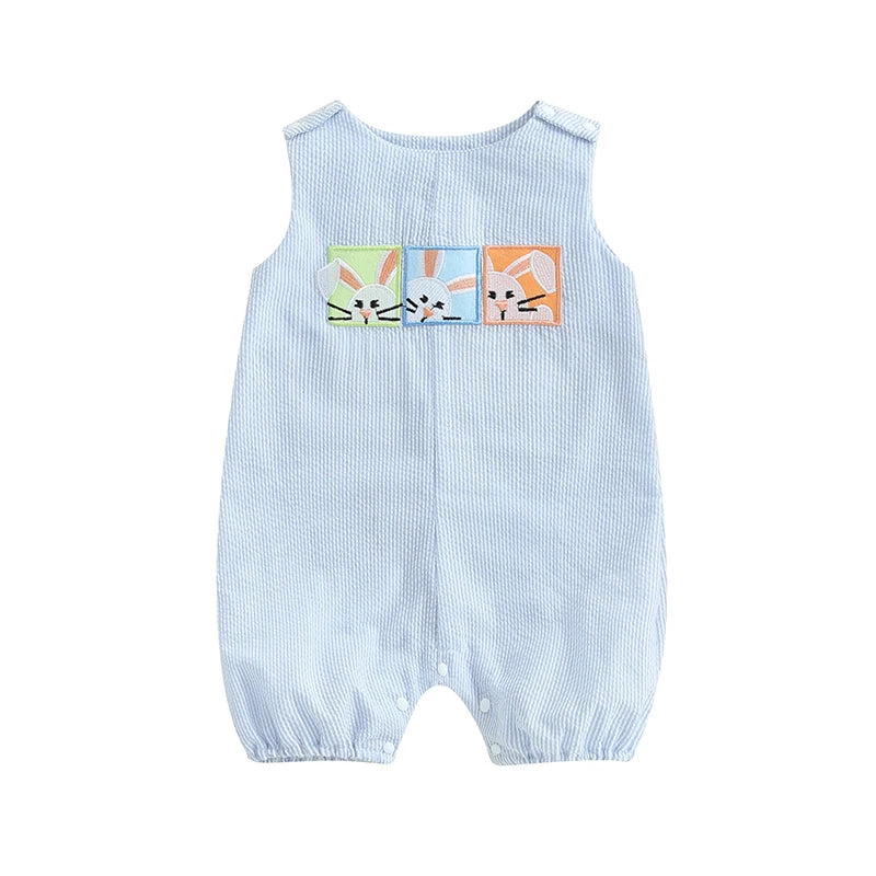 Easter Bunny Embroidered Sleeveless Rompers for Baby Boys and Girls - Adorable Striped Summer Bodysuits and Jumpsuits