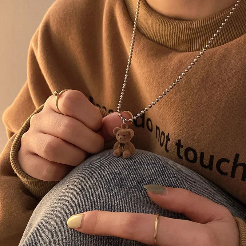 Cute Plush Bear Pendant Necklace for Girls Women Korean Fashion Bear Long Sweater Neck Chain Necklaces Collar Jewelry