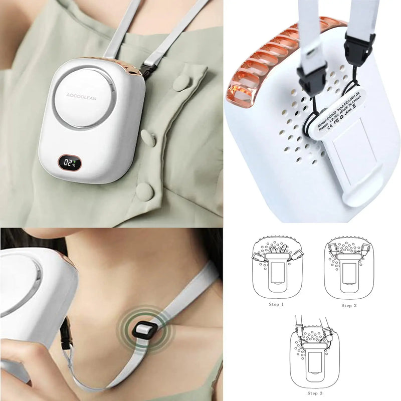 Portable Neck Fan Mini Hanging with Adjustable Lanyard and Bracket USB Rechargeable Hands Free 3 Wind Speed Personal Fans