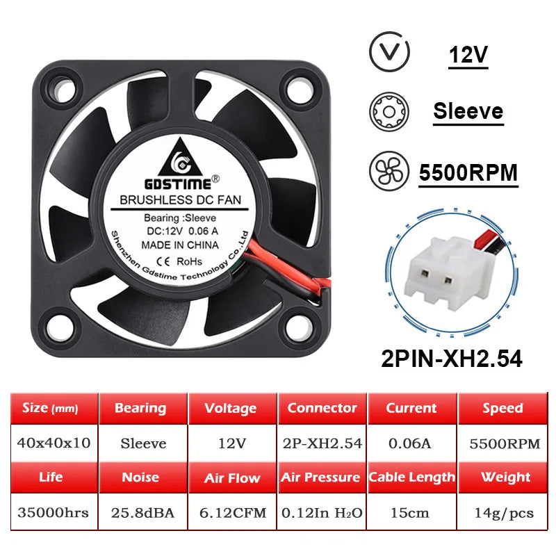 2PCS GDSTIME 40MM Cooler DC 5V 12V 24V 40x40x10mm Dual Ball Mini Cooling Fan 4010 Axial Fan 40MM for 3D Printer,DVR,NAS Cooling