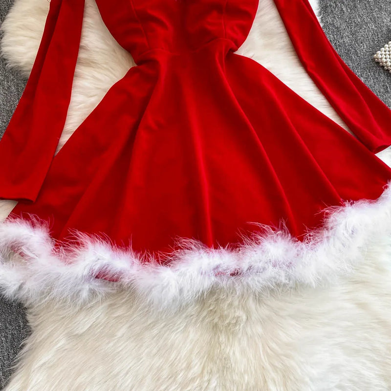 Women's Dress For New Year Vestido Sexy Off Shoulder Furry Strapless Christmas Dress 2024 Short Mini Club Party Dresses Ladies