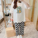Summer Gilrs Two Pieces Sets Pajamas Short Sleeve Trousers O-neck Homewear Thin Elastic Loose Soft Plaid Cartoon Printing Cute