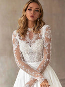 Wunderschöne Brautkleider mit abnehmbarer Schleppe, Rundhals, langen Ärmeln, Brautkleider mit Spitze Applikationen 2024 Vintage Vestidos De Novia