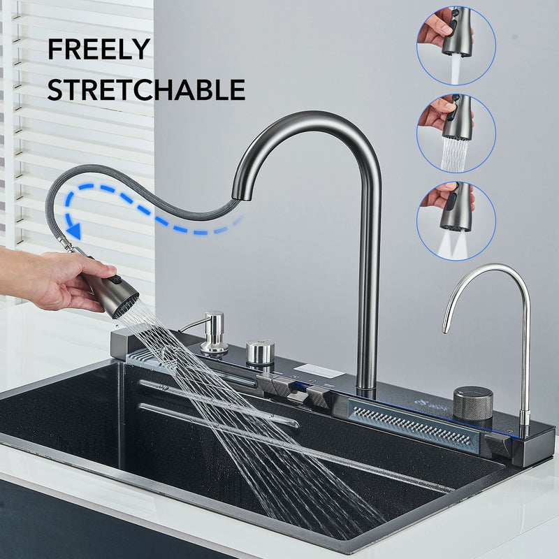 Nano Kitchen Sink 201 Stainless Steel Kitchen Waterfall Sink Digital Display Large Single Sink Dish Basin Sink With Faucet