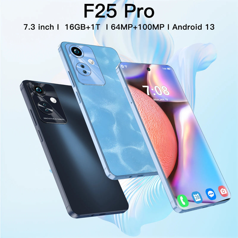 New SmartPhone F25 Pro 7.3 HD Android Mobile Phones Unlocked 4G/5G Dual Sim Card 8000mAh 16G+1TB Cell phone 64MP+100MP Celulares