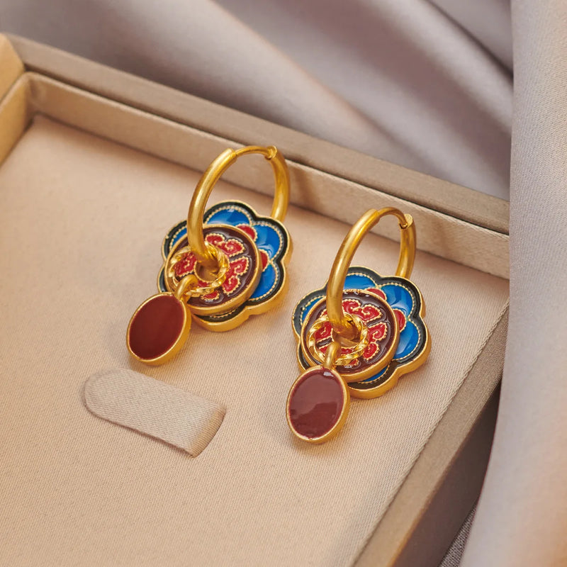 Ethnic Chinese Colorful Enamel Earrings for Women Retro Design Gold Plated Flower Shaped Multiple Wear Ways Luxury Jewelry Gifts