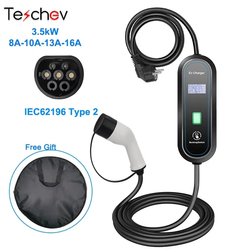 Teschev 3.5KW Adjustable EV Charger Wallbox 16A Portable EV Charging GBT China Type1 Type2 Standard Electric Vehicle Cars Schuko