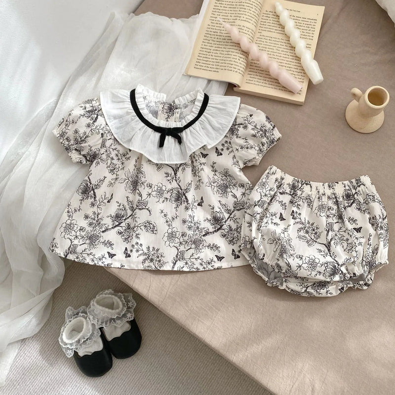 2PCS Summer Floral Baby Girl Suit New Autumn Fashion Lace Bow Baby Girls' Set Peter Pan Collar Shirt and Shorts Princess Outfits