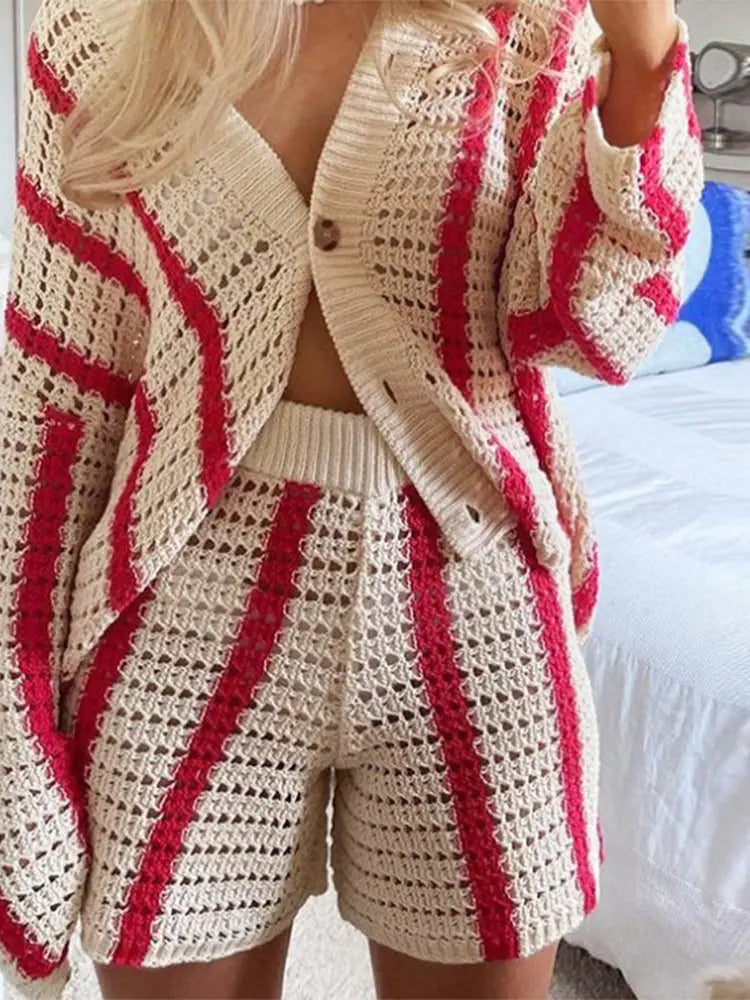Women's Chic Stripe Hollow Out Knitted Sand Pants Set Women Loose Cardigan New In Matching Sets 2024 Summer Holiday Beach Outfit