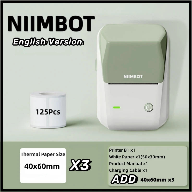 Niimbot B1 English Label Printer Portable Handheld Thermal Printer Mini Barcode QR Code Sticker Paper Color Rolls Maker Cable