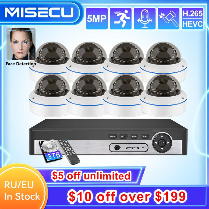 MISECU 8CH 5MP POE Dome Security Camera System IP Camera Vandal-proof Indoor Home CCTV Video Record Surveillance Protection Kit