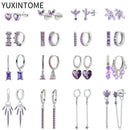 925 Sterling Silver Needle Luxury Purple Crystal Heart Stud Earrings for Women Geometry Cross Pendant Earrings Fashion Jewelry