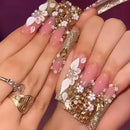 24Pcs Gold French Border False Nails Long Coffin False Nails with Rhinestones Ballerina Full Cover Nail Tips Press on Nails 2030