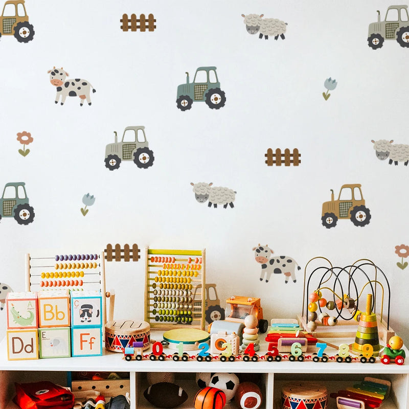 Cartoon Farm Animals Car Wall Stickers for Nursery Kids Room Living Room Bedroom Wall Decals Home Decorative Stickers Murals