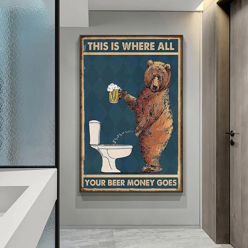 Retro Funny Wall Art Poster Prints Bear Drinking Beer in The Toilet Canvas Painting Picture For Room Home Decoration