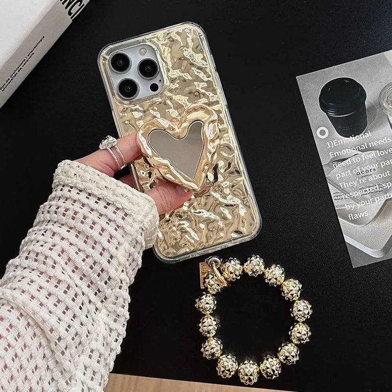 Luxury Gold Silver Electroplate Wrinkle Love Heart Mirror Bracket Phone Case For iPhone 12 11 14 13 Pro Max Cover with Bracelet