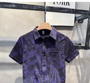 Large Size Cartoon Purple Short-sleeved Floral Shirt Men's Summer Dark Retro Hong Kong Style Handsome Hawaiian Shirt