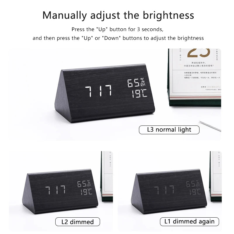 Voice Control Wooden Alarm Clock Smart LED Digital Clock for Bedside Table Decor Electronic Desk Clock with Temperature Humidity