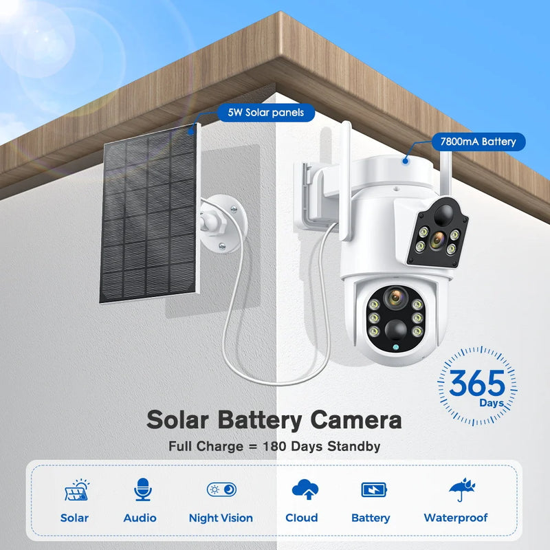 Solar IP Camera WiFi Outdoor Dual Lens PTZ Security Camera 4MP HD Built in Battery Solar Panel Wireless Camera PIR Alarm iCsee