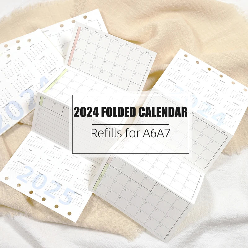 MyPretties 2 Sheets 2024 Folded Calendar Yearly Planner Refill Papers A6 A7 for 6 Hole Binder Organizer Notebook N.1446