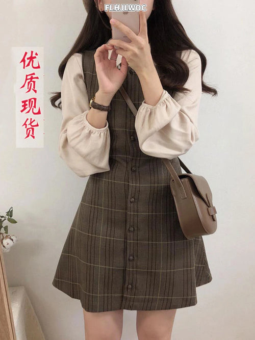 Nettes Mini-neues Jahr-Datum kleidet ärmellose Weste-Frauen-Korea-japanischer Art-Entwurf Retro-Weinlese-kariertes Knopf-Hemd-Kleid 11021