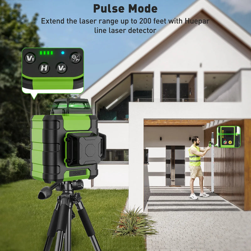 Huepar HM03CG Laser Level Green Beam 12 Lines Self-leveling Cross Line Tools With Rangefinder & Detector & Hard Carry Case