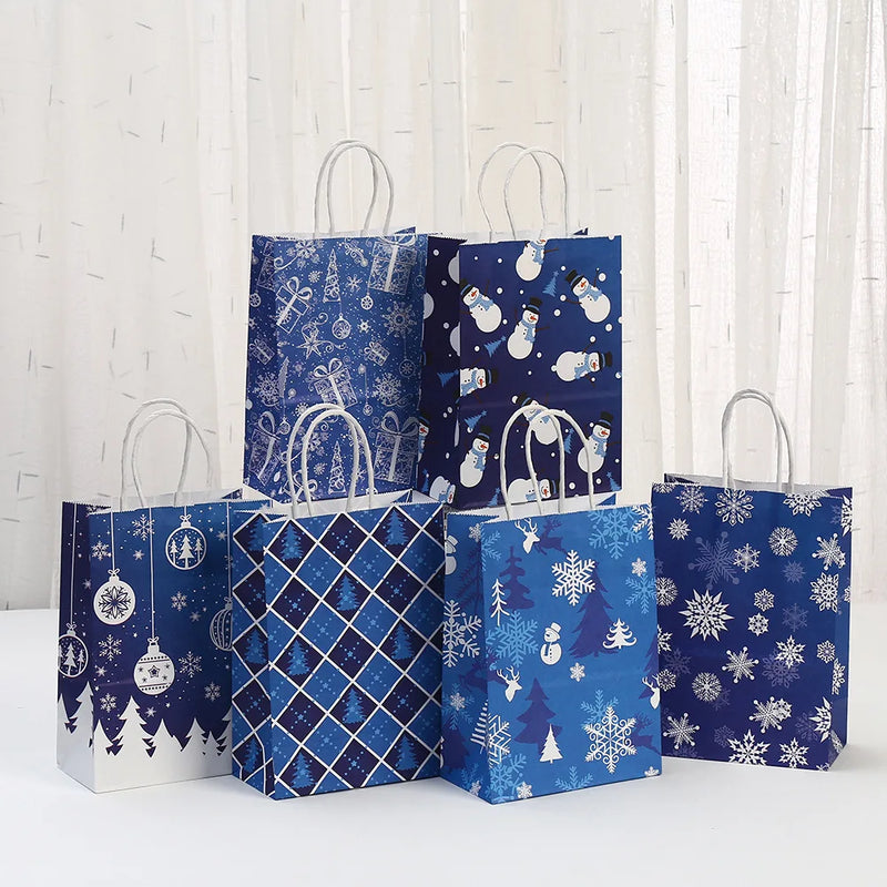 6Pcs Blue Christmas Theme Paper Gift Packing Bags Snowflake Snowman Shopping Bag for 2025 Xmas Navidad Christmas Party Deocr