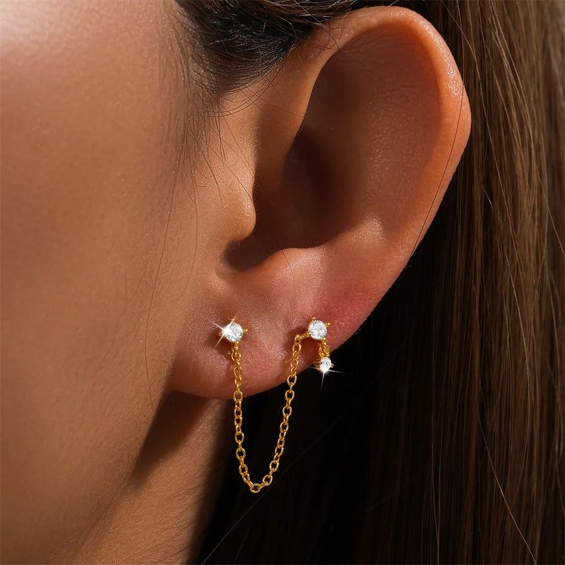 ROXI S925 Sterling Silver 1PC V Shaped Chain Tassel  Stud Earrings For Womens Earrings Korean Double Star piercing earrings